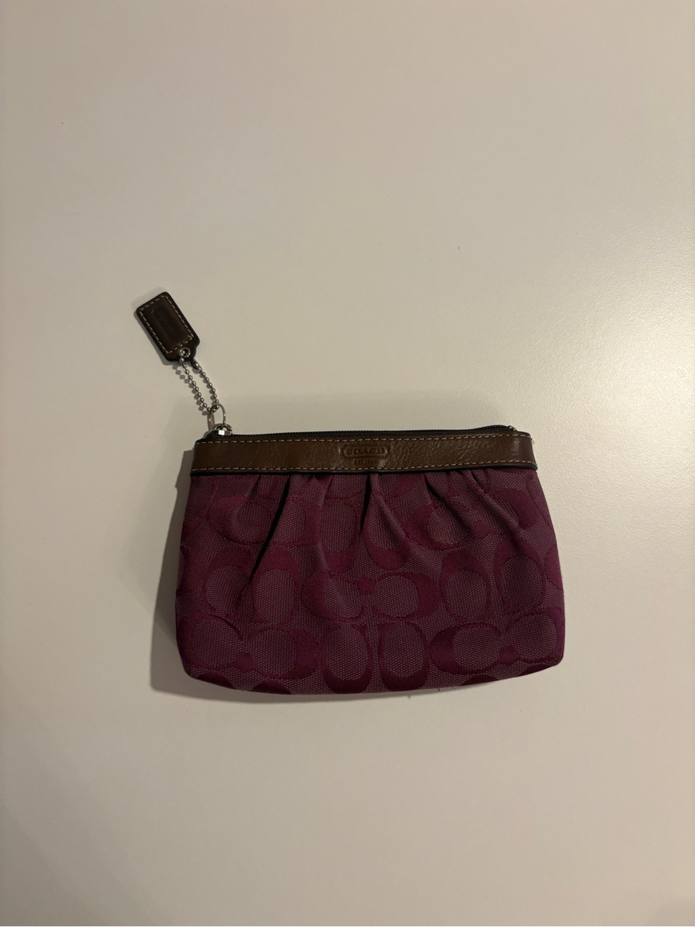 Coach Plum Signature Canvas Wristlet with Brown Leather Trim